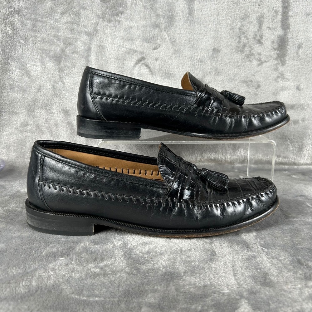 Florsheim Mens 18469 Black Leather Tassel Loafers Croc Embossed Whipstitch 10 D